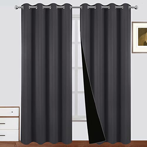 LEMOMO 100% Blackout Curtains 52 x 84 Inch/Dark Grey Curtains Set of 2 Panels Thermal Insulated Room Darkening Bedroom Curtains