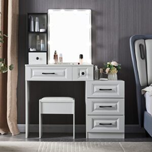 31.5'' wide vanity table set with stool and mirror, makeup vanity desk with lights, dresser with drawers for bedroom, white