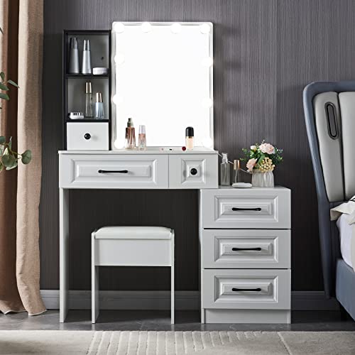 31.5'' Wide Vanity Table Set with Stool and Mirror, Makeup Vanity Desk with Lights, Dresser with Drawers for Bedroom, White