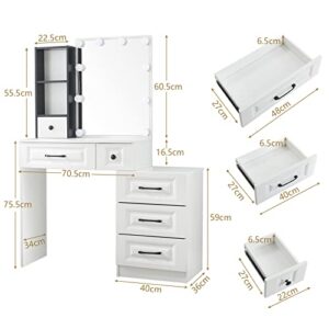 31.5'' Wide Vanity Table Set with Stool and Mirror, Makeup Vanity Desk with Lights, Dresser with Drawers for Bedroom, White