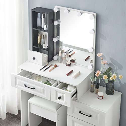 31.5'' Wide Vanity Table Set with Stool and Mirror, Makeup Vanity Desk with Lights, Dresser with Drawers for Bedroom, White