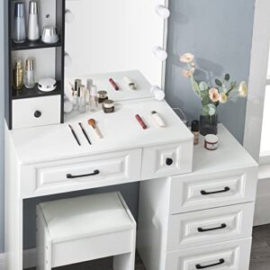 31.5'' Wide Vanity Table Set with Stool and Mirror, Makeup Vanity Desk with Lights, Dresser with Drawers for Bedroom, White