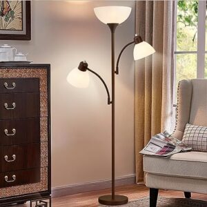 Luvkczc Torchiere Floor Lamps for Living Room with 2 Reading Lamps, Modern Tall Standing Lamps, Industrial Bright Floor Lamp for Bedroom, Office, Dresser, 3 LED Bulbs Included