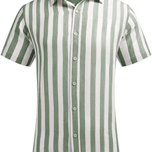 COOFANDY Men's Green Striped Linen Button Up Shirts Short Sleeve Business Casual Shirt