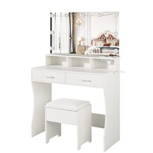 Makeup Vanity White, Clearance Desk with Lighted Mirror & Power Outlet, 3 Lighting Colors, Brightness Adjustable, 31.5in(W)
