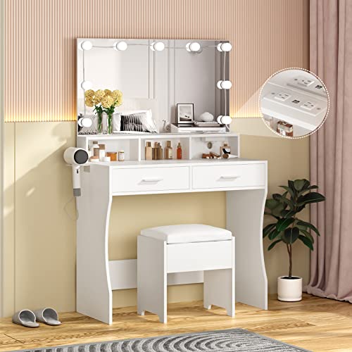 Makeup Vanity White, Clearance Desk with Lighted Mirror & Power Outlet, 3 Lighting Colors, Brightness Adjustable, 31.5in(W)