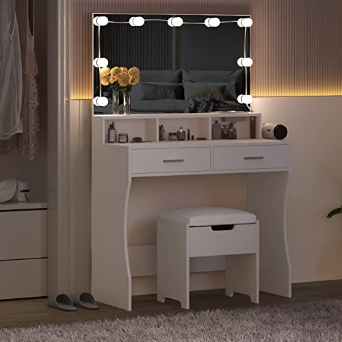 Makeup Vanity White, Clearance Desk with Lighted Mirror & Power Outlet, 3 Lighting Colors, Brightness Adjustable, 31.5in(W)