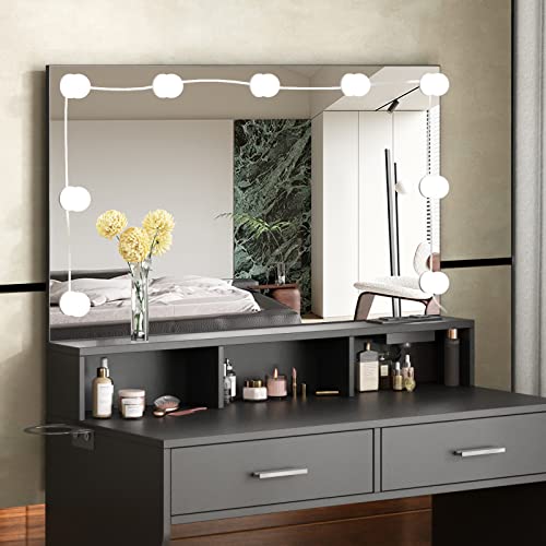 Makeup Vanity with Lighted Mirror & Power Outlet, White Vanity Set Vanity Desk, Clearance Makeup Vanity 3 Lighting Colors, Brightness Adjustable, 31.5in(W)