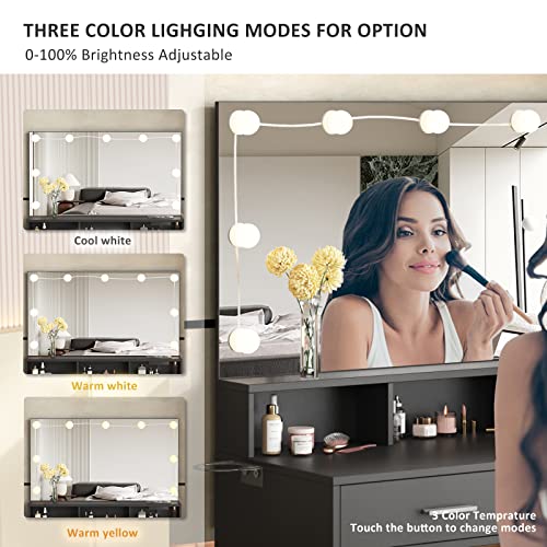 Makeup Vanity with Lighted Mirror & Power Outlet, White Vanity Set Vanity Desk, Clearance Makeup Vanity 3 Lighting Colors, Brightness Adjustable, 31.5in(W)