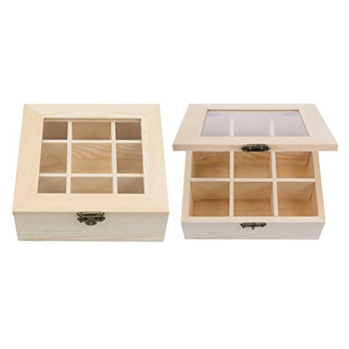 Gatuida Tea Box for Tea Bags Organizer, Wooden Tea Storage Organizer with Clear Top Window, 9 Compartments Eco-Friendly Tea Bag Holder, Multi-Functional Storage Box