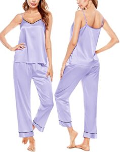 swomog womens silk satin pajamas set two-piece pj sets cami top and capris pants sleepwear lavender