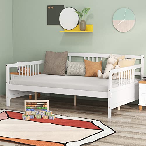Giantex Full Size Daybed, Wooden Daybed Sofa Bed Frame with Wood Slat Support for Kids Teens, Multi-Functional Day Bed for Living Room Bedroom Guest Room, No Box Spring Needed (Full,White)