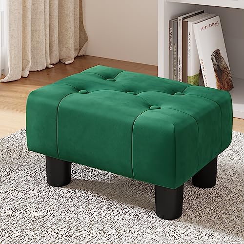 LUE BONA Small Foot Stool Ottoman, Velvet Tufted Footrest with Plastic Legs, 9''H, Rectangle Foot Stools for Adult with Non-Slip Pads, Footstool for Living Room,Couch, Embered