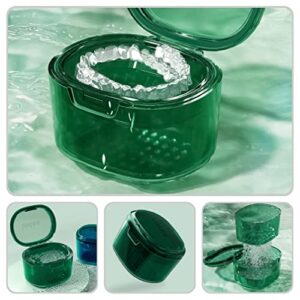 Healeved Retainer Case Denture Bath Cup with Strainer Basket Retainer Cleaner Orthodontic Mouth Case Soak Container for False Teeth Green