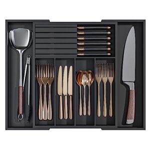 wushizhuhun utensil organizer silverware tray for drawer - bamboo knife drawer organizer expandable cutlery organizer in drawer knife block w12.8-20.2" x l16 x h2 (black)