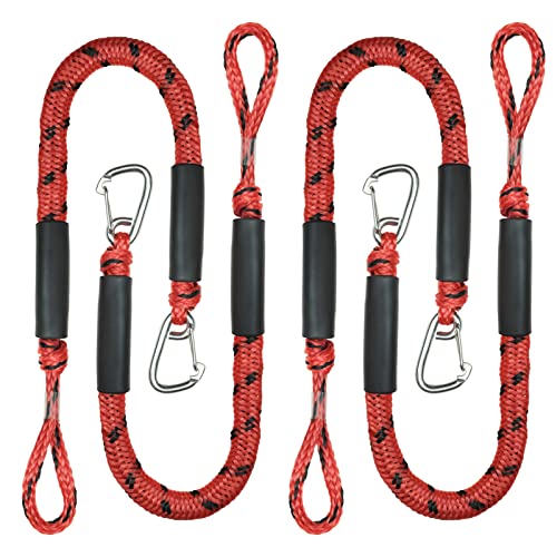 4 Pack Bungee Boat Dock Line with Stainless Steel Clip 3FT Mooring Rope Boat Accessories Docking Lines PWC Dockline for Boats Kayak, Jet Ski, Pontoon, Canoe, Power Boat WaveRunner(Red&Black)