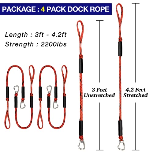 4 Pack Bungee Boat Dock Line with Stainless Steel Clip 3FT Mooring Rope Boat Accessories Docking Lines PWC Dockline for Boats Kayak, Jet Ski, Pontoon, Canoe, Power Boat WaveRunner(Red&Black)