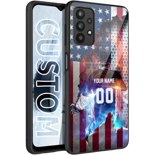 Personalized Ice Hockey vs Name Number US Flag Decor Rubber Cover Phone Case for Samsung Galaxy A53 5G/A03S/A02S/A10E/A12/A13/A32/A33/A42/A51/A52/A71 Custom Hockey Phone Case (America Flag)