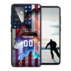 Personalized Ice Hockey vs Name Number US Flag Decor Rubber Cover Phone Case for Samsung Galaxy A53 5G/A03S/A02S/A10E/A12/A13/A32/A33/A42/A51/A52/A71 Custom Hockey Phone Case (America Flag)