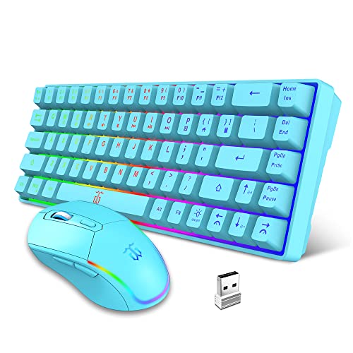 Snpurdiri 60% Wireless Gaming Keyboard and Mouse Combo,LED Backlit Rechargeable 2000mAh Battery,Small Membrane But Mechanical Feel Keyboard + 6D 3200DPI Mice for Gaming,Business Office（Blue
