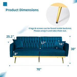 ACMEASE 70” Velvet Futon Sofa Bed with 2 Pillows & Adjustable Armrests and Backrest, Convertible Modern Sleeper Couch for Living Room, Bedroom, Teal