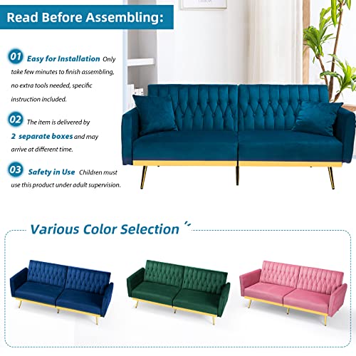 ACMEASE 70” Velvet Futon Sofa Bed with 2 Pillows & Adjustable Armrests and Backrest, Convertible Modern Sleeper Couch for Living Room, Bedroom, Teal