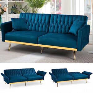 acmease 70” velvet futon sofa bed with 2 pillows & adjustable armrests and backrest, convertible modern sleeper couch for living room, bedroom, teal