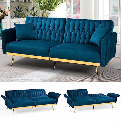 ACMEASE 70” Velvet Futon Sofa Bed with 2 Pillows & Adjustable Armrests and Backrest, Convertible Modern Sleeper Couch for Living Room, Bedroom, Teal