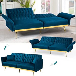 ACMEASE 70” Velvet Futon Sofa Bed with 2 Pillows & Adjustable Armrests and Backrest, Convertible Modern Sleeper Couch for Living Room, Bedroom, Teal