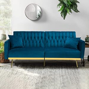 ACMEASE 70” Velvet Futon Sofa Bed with 2 Pillows & Adjustable Armrests and Backrest, Convertible Modern Sleeper Couch for Living Room, Bedroom, Teal