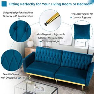 ACMEASE 70” Velvet Futon Sofa Bed with 2 Pillows & Adjustable Armrests and Backrest, Convertible Modern Sleeper Couch for Living Room, Bedroom, Teal