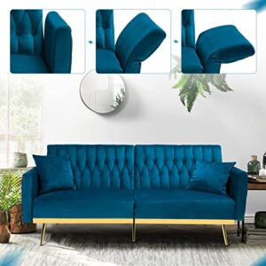 ACMEASE 70” Velvet Futon Sofa Bed with 2 Pillows & Adjustable Armrests and Backrest, Convertible Modern Sleeper Couch for Living Room, Bedroom, Teal