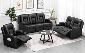 comhoma recline chair set，furniture 3pc bonded leather recliner set living room set, sofa with massger(black, 3+2+1)
