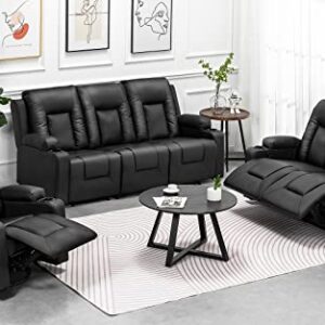 COMHOMA Recline Chair Set，Furniture 3PC Bonded Leather Recliner Set Living Room Set, Sofa with massger(Black, 3+2+1)