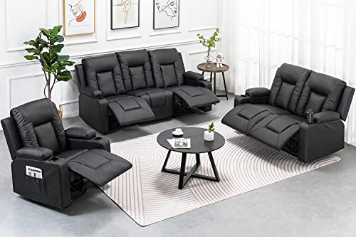 COMHOMA Recline Chair Set，Furniture 3PC Bonded Leather Recliner Set Living Room Set, Sofa with massger(Black, 3+2+1)