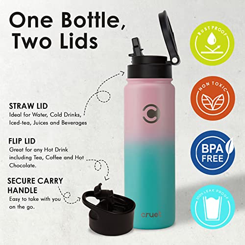 Insulated Water Bottle With 2 Lids By Cruet- Stainless Steel Double-Walled Leakproof Thermos With Straw Lid For Cold Drinks, Flip Lid For Hot Beverages, Vacuum Insulated, Reusable Modern Bottle- 24oz