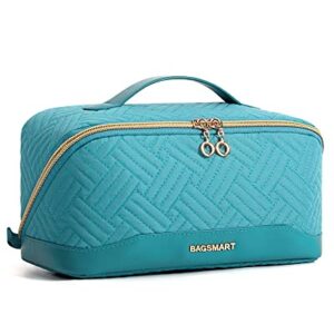 BAGSMART Makeup Bag Cosmetic Bag, Travel Makeup Bag,Water-resistent Makeup Bags for Women Portable Pouch Open Flat Make Up Organizer Bag for Toiletries, Brushes, Teal