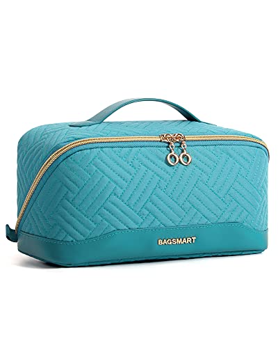 BAGSMART Makeup Bag Cosmetic Bag, Travel Makeup Bag,Water-resistent Makeup Bags for Women Portable Pouch Open Flat Make Up Organizer Bag for Toiletries, Brushes, Teal