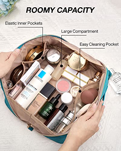 BAGSMART Makeup Bag Cosmetic Bag, Travel Makeup Bag,Water-resistent Makeup Bags for Women Portable Pouch Open Flat Make Up Organizer Bag for Toiletries, Brushes, Teal