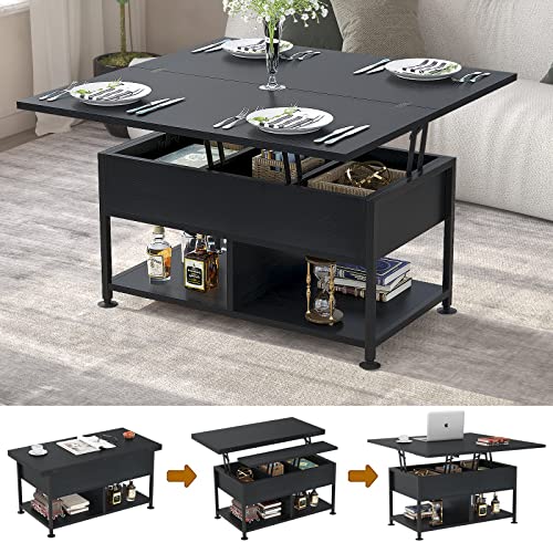 cosimates Lift Top Coffee Table ，4 in 1 Multi-Function Coffee Table with Hidden Compartment ，Modern Lift Tabletop Dining Table for Living Room Reception/Home Office, Black