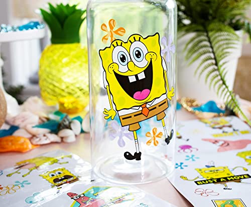 Silver Buffalo SpongeBob SquarePants Happy Laugh Flowers 32-Ounce Twist Spout Water Bottle And Sticker Set | BPA-Free Plastic Sports Jug
