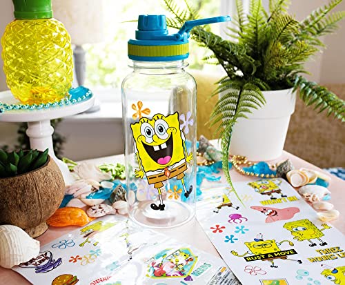 Silver Buffalo SpongeBob SquarePants Happy Laugh Flowers 32-Ounce Twist Spout Water Bottle And Sticker Set | BPA-Free Plastic Sports Jug