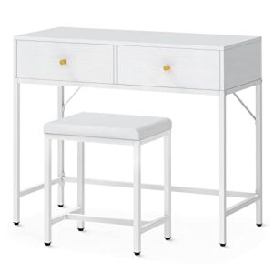 superjare 35.4" white desk with 2 drawers, modern makeup vanity desk with padded stool, small computer desk home office desk for writing study bedroom