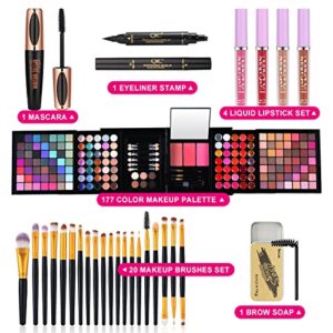 Makeup Kit for Women Full Kit-177 Color All in One Makeup Set Palette,Eyeshadow,Lipstick,Mascara,Eyeliner Stamp,Eyebrow Wax,Powder,Blusher,Concealer,Brushes Set,Makeup Gift Set for Women Girl Teen