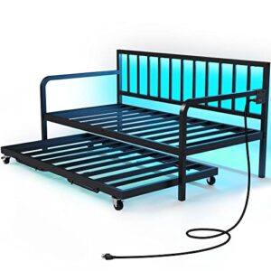 rolanstar daybed with charging station and led lights, height adjustable twin daybed with trundle, metal sofa bed frame with steel slat support for living room, bedroom and guest room, black