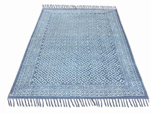 indigo blue rug for bathroom handmade cotton durries boho kilim rug flat weave indoor floor decorative rugs for balcony lounge floor bedroom balcony