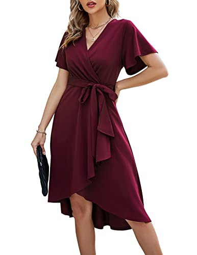 Church 1950s Dress for Women Vintage Elegant Ruffle A Line Casual Cocktail Party Modest Dress for Special Occasions Wine Red XL