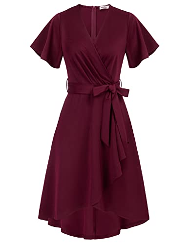 Church 1950s Dress for Women Vintage Elegant Ruffle A Line Casual Cocktail Party Modest Dress for Special Occasions Wine Red XL