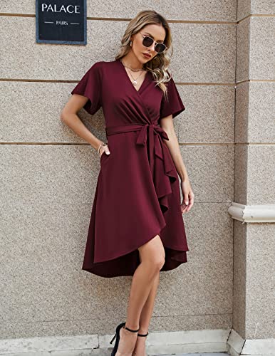 Church 1950s Dress for Women Vintage Elegant Ruffle A Line Casual Cocktail Party Modest Dress for Special Occasions Wine Red XL