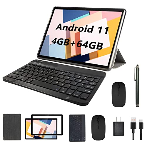 2023 Upgraded 2 in 1 Tablet, Android 11 Tablet 10.1 Inch, Tablet with Keyboard, Mouse, Stylus, Case, Film, 64GB ROM+4GB RAM, 1.8Ghz Quad-Core Processor, 8MP Camera, GPS/WiFi/Bluetooth Google Tablet PC